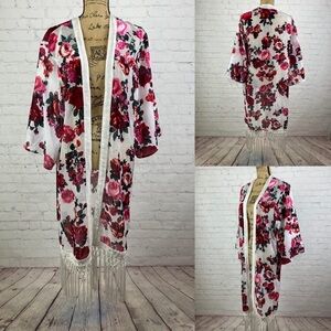 Divided Floral Burnout Velvet Open Front Fringe Kimono